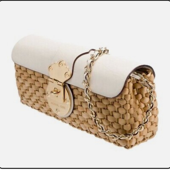 MICHAEL KORS Straw Raffia Bag Tote Handbag Clutch Gold Leather Chain Party